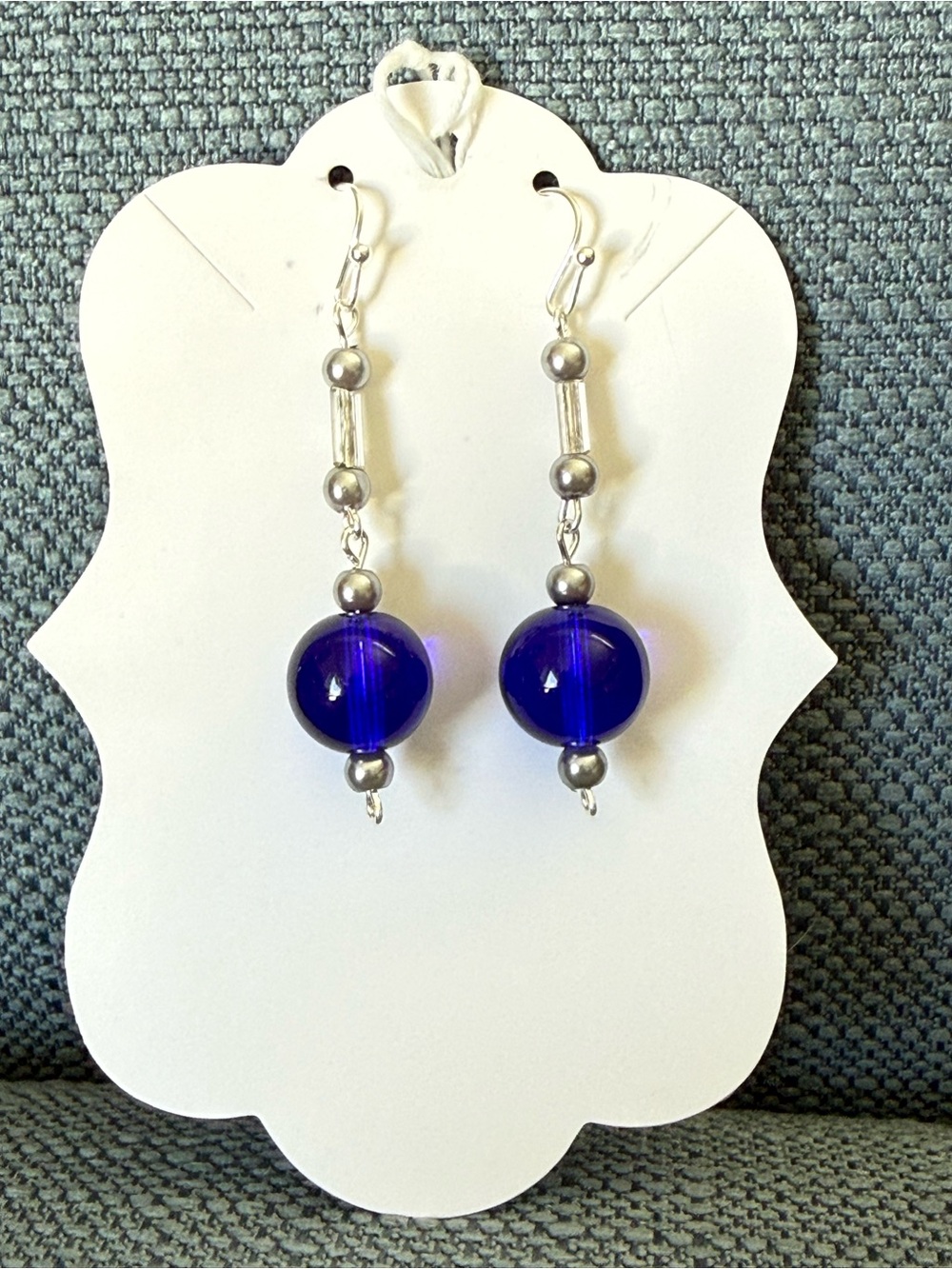 Handmade Silver Drop Earrings with Cobalt Blue Glass Beads